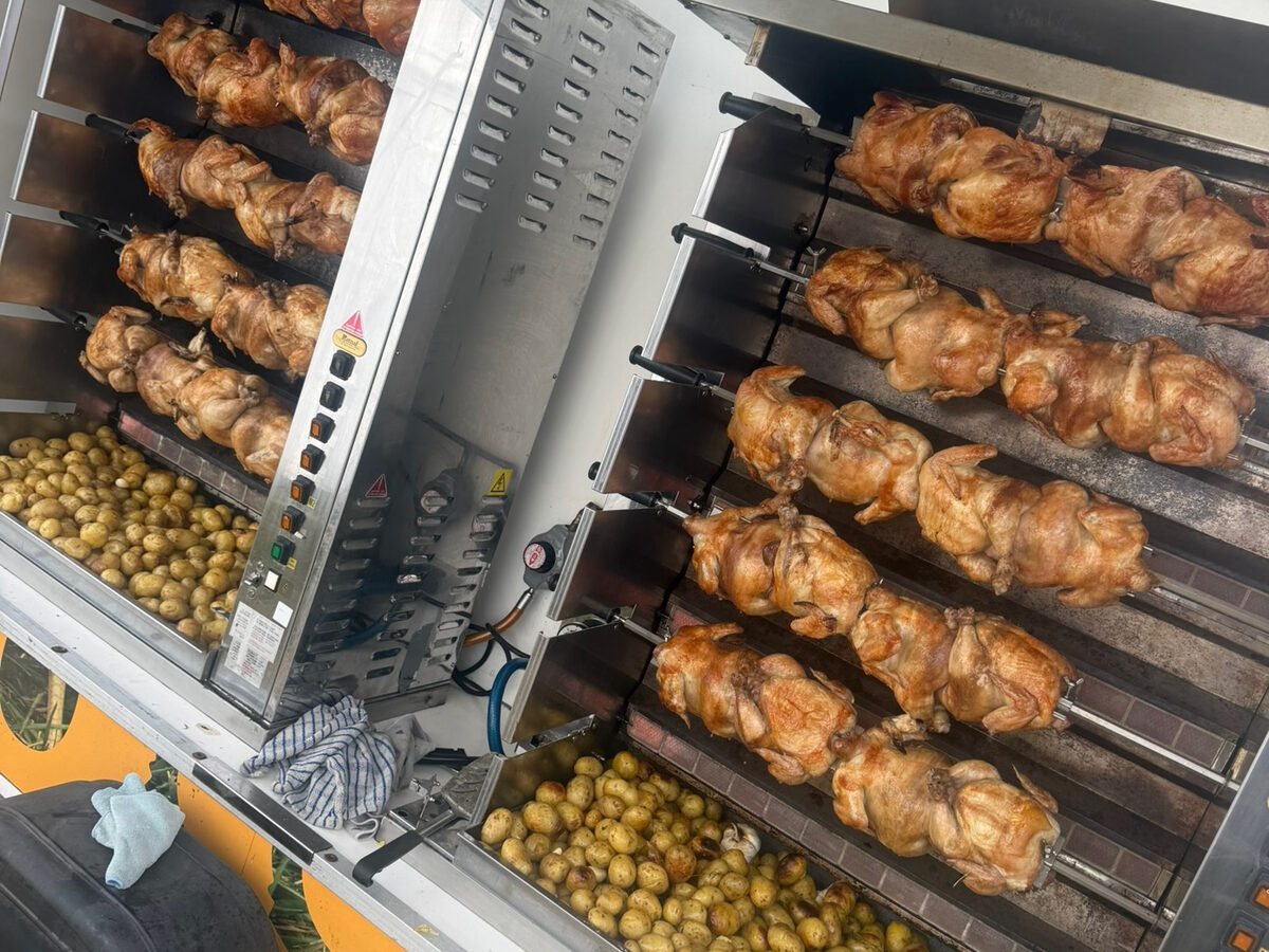Golden chickens on the rotisserie
